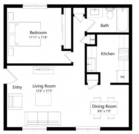 Floor plan for 1 bed, 1 bath, 631 sqft